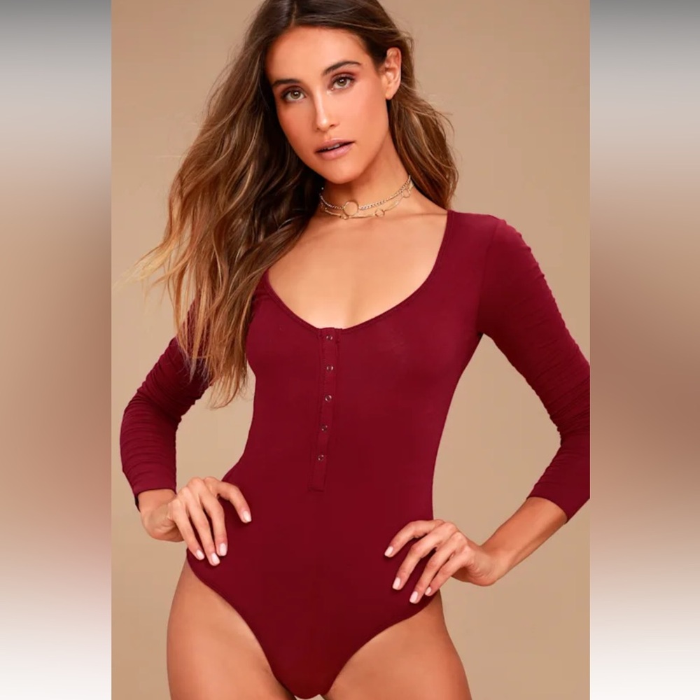 Intimately Free People Simply Henley Burgundy Long Sleeve Bodysuit